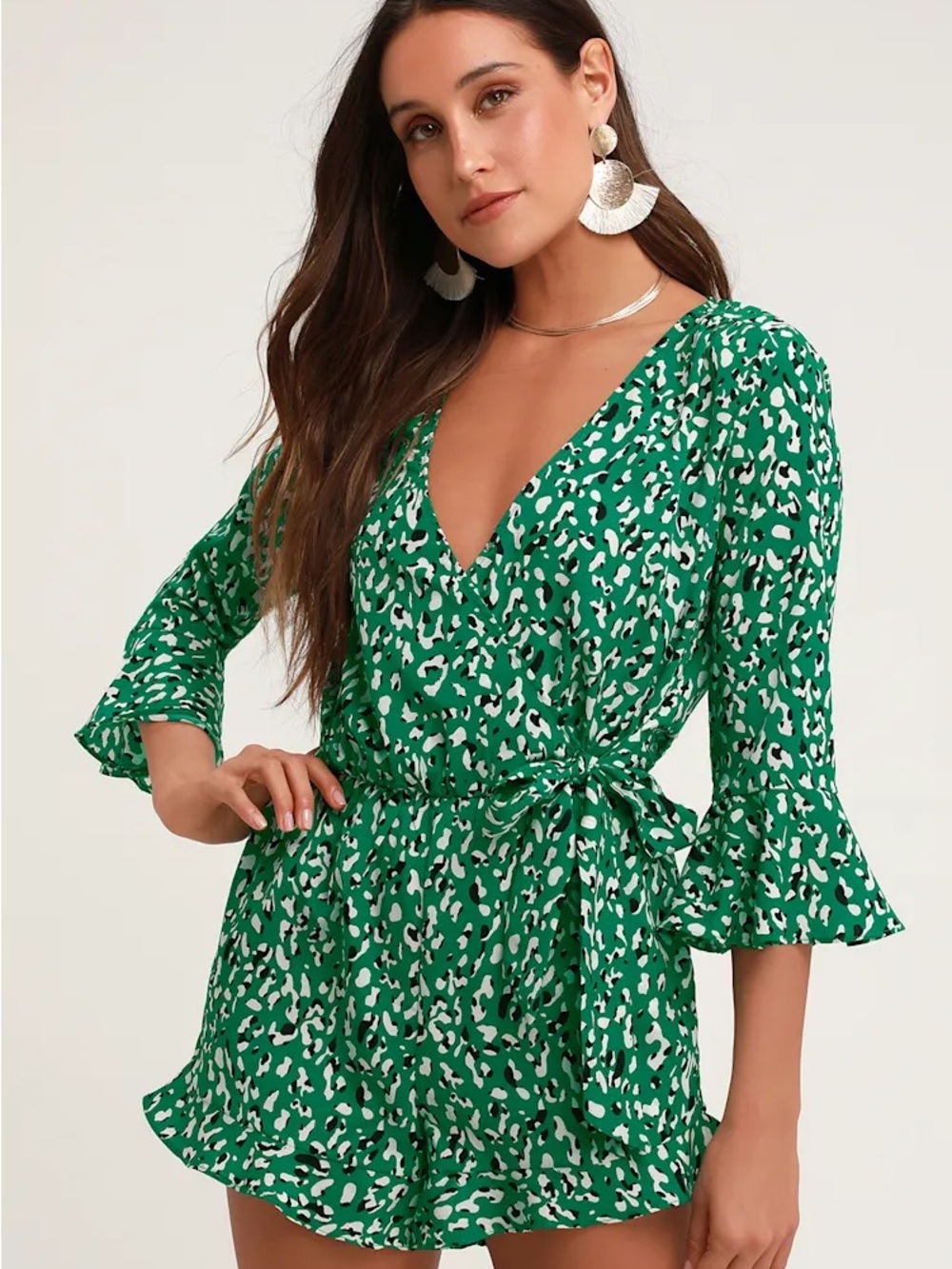 Lulus Make Moves Green and Black Print Flounce Sleeve Romper xs
